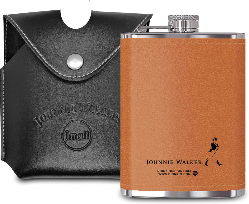 JMALL ™1210 JW Brown Flask With Black Leather Coated Cover Leak Proof Pocket Size Stainless Steel Hip Flask(236 ml)
