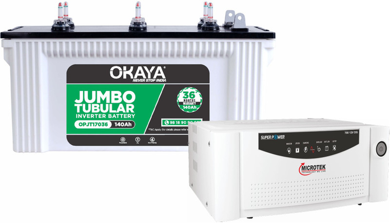 OKAYA 36 Months Warranty Tubular Inverter Battery(140 Ah, OPJT17036 + Microtek Super Power DG700)