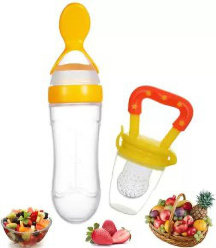 qtypie Food Feeder Bottle with Food Dispensing Spoon, Infant Food Nibbler Teething Toy Feeder(Yellow)