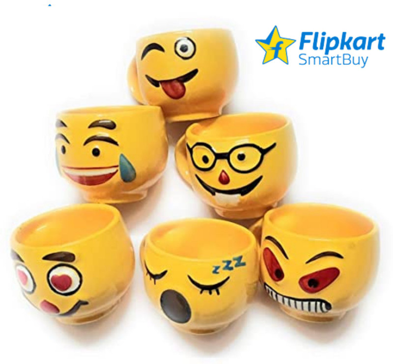 Flipkart SmartBuy Pack of 6 Ceramic Yellow Square smiley / Emojis Tea coffee Cups Set | Coffee Mugs for Home Office(Yellow, Cup Set)