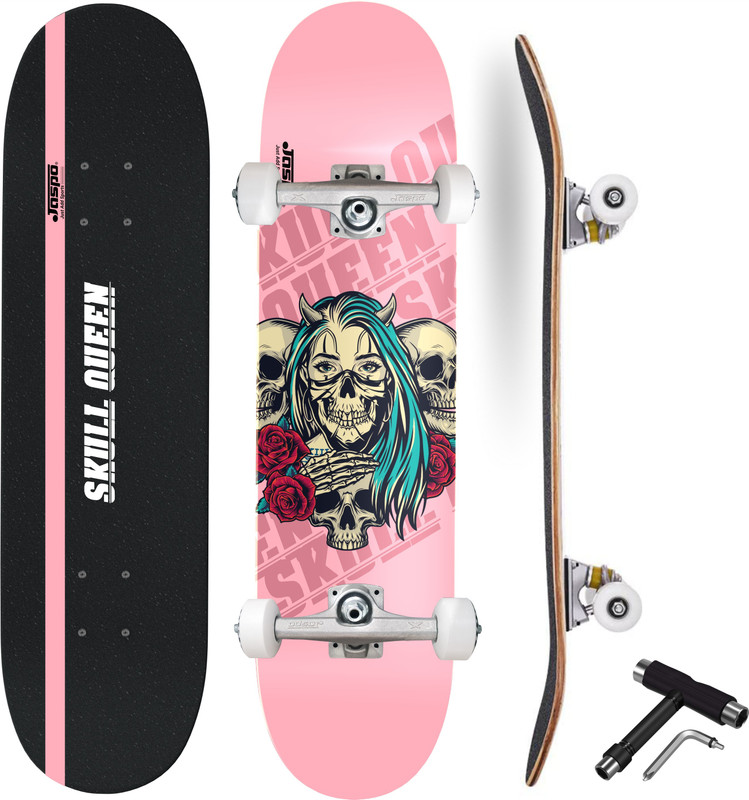 Jaspo Queen of Skull Skateboard 7 Layers Concave Shape Canadian Maple Fully Assembled 31 inch x 8 inch Skateboard(Pink, Pack of 1)