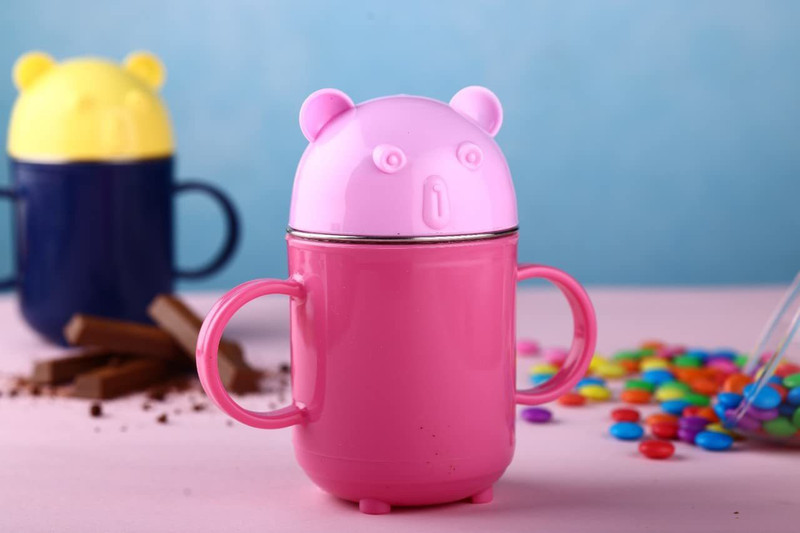 FLOSTRAIN Plastic Stainless Steel Cartoon Milk Cup with Funny Lid for Kids Children 250 ml Plastic, Stainless Steel Beer Mug(350 ml)