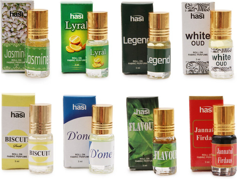 Hasi Combo pack roll- on perfume | 8 fragrances | long lasting | MADE IN INDIA Floral Attar(Musk, Jannat ul Firdaus, Musk Arabia, Motia/Jasmin, Sandalwood, Mogra, Oud (agarwood), Woody)