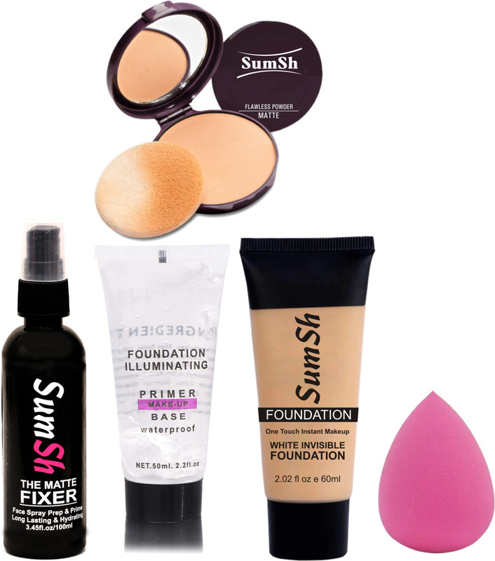 SumSh Fixer Spray, Primer, Foundation, Compact Powder, Blender Spounge(5 Items in the set)
