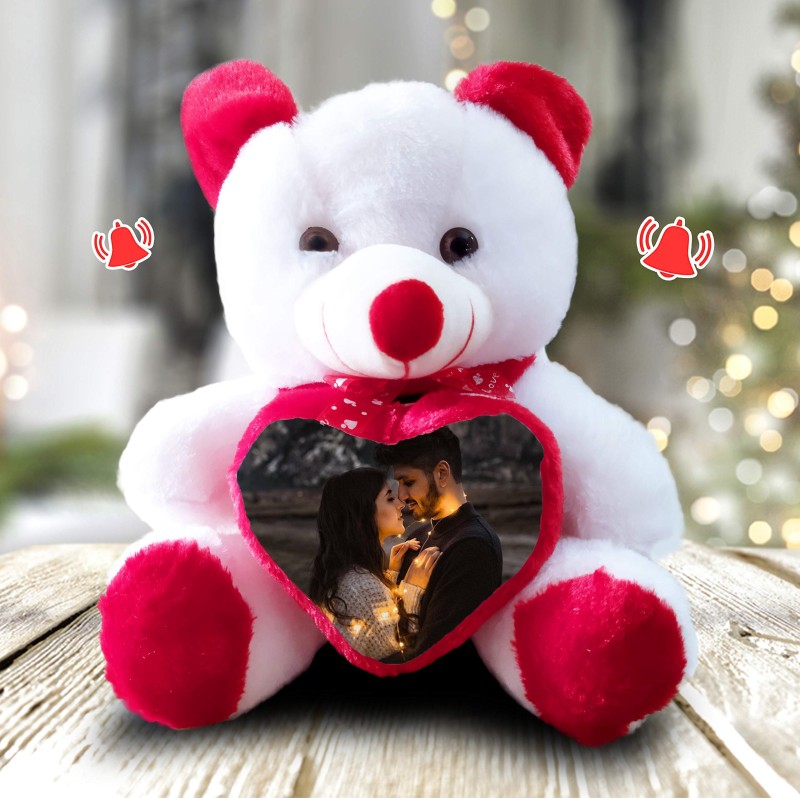 MeeFactory Personalized Led I Love You Musical Teddy with Your Photo Ideal for Gifting - 35 cm(Red, White)