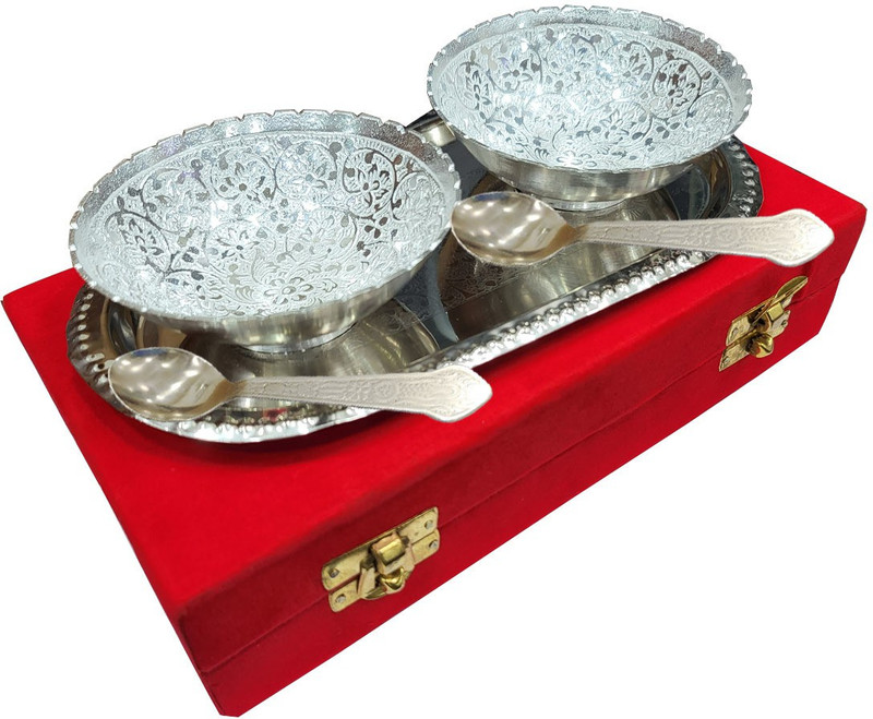 SAFESEED Best Gift Item Silver Plated Bowl Set Used for Dry Fruit, Sweets and Home Decor Bowl, Spoon, Tray Serving Set(Pack of 5)