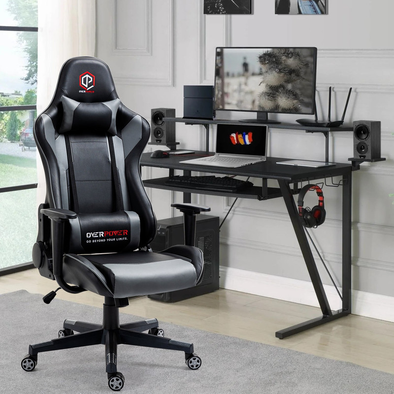 OVERPOWER Gaming Chair Ergonomic Seat with Headrest Leather Gaming Chair Gaming Chair(Grey, Black)