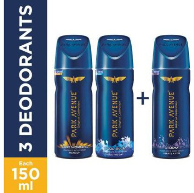 PARK AVENUE Good Morning , Cool Blue & Storm Deodorant Spray - For Men (450 ml, Pack of 3) Body Mist - For Men(450 ml, Pack of 3)