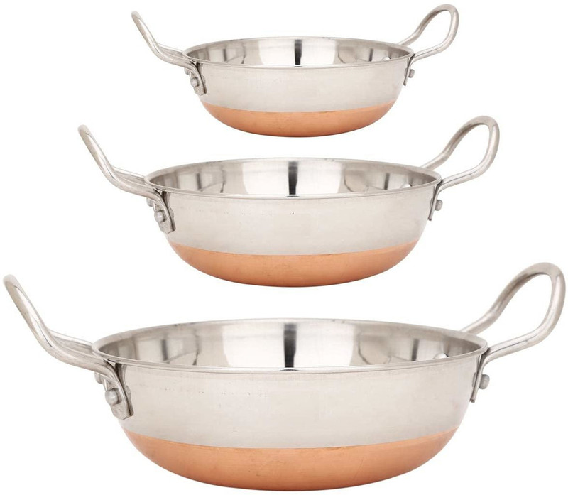 RSPTJM Stainless Steel Copper Bottom Kadhai Fry pan (2000 ML2500 ML3000 ML, Set of 3) Kadhai 30 cm diameter 6 L capacity(Stainless Steel, Induction Bottom)