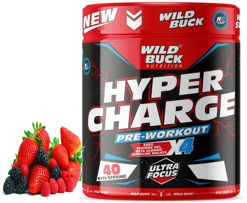WILD BUCK Hyper Charge Pre-Workout For Hardcore Pump ,Non-Crash Energy Both For Men &Women Energy Drink(170 g, Wild Berries Flavored)