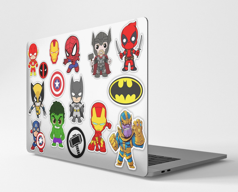 RINKON Superheros Theme Cartoon Laptop Stickers Superhero Sticker Vinyl PVC PACK OF 15 Vinyl Reusable Laptop Skin Compatible for 15.6 inch(Theme: Comics & Cartoons)