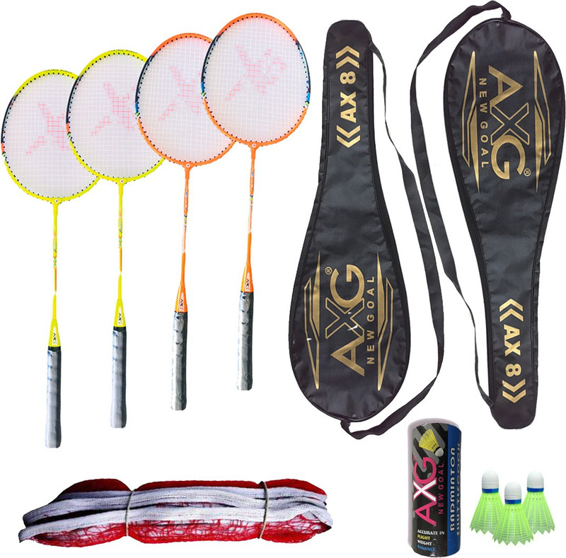 AXG NEW GOAL Interminable Set Of 4 Fluorescent Aluminium racquets, 3 Shuttles, Net and cover Badminton Kit