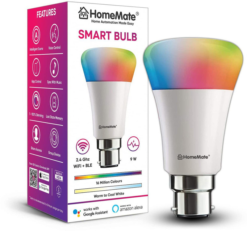 HOMEMATE WiFi Smart LED Bulb, 9 W, B22 Base (16 millions colours and Warm to Cool White) Smart Bulb