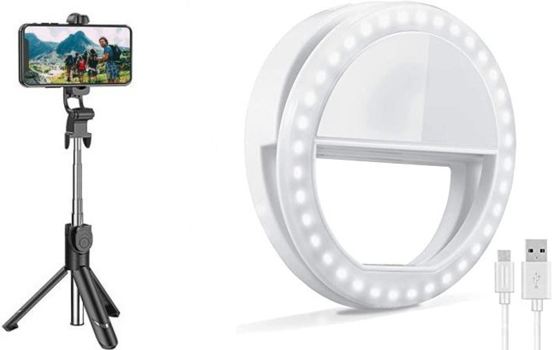 HIFY COMBO mini ring light with Extendable Foldable 3in1 Mini Tripod Selfie Stick Tripod, Monopod(Black, Supports Up to 400 g)