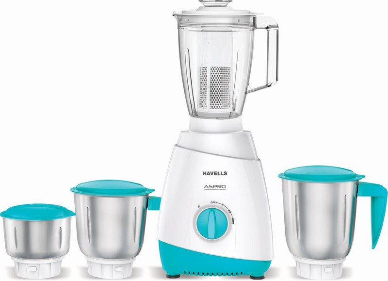Havells Aspro 500W Mixer Grinder with 4 Jars, White & Light Blue