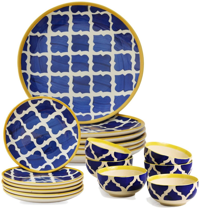 VolCraft Pack of 18 Ceramic Blue Umrao Design 6 Full Plates, 6 Side Plates, 6 Dinner katoris Microwave Safe Dinner Set(Blue, Yellow, Microwave Safe)