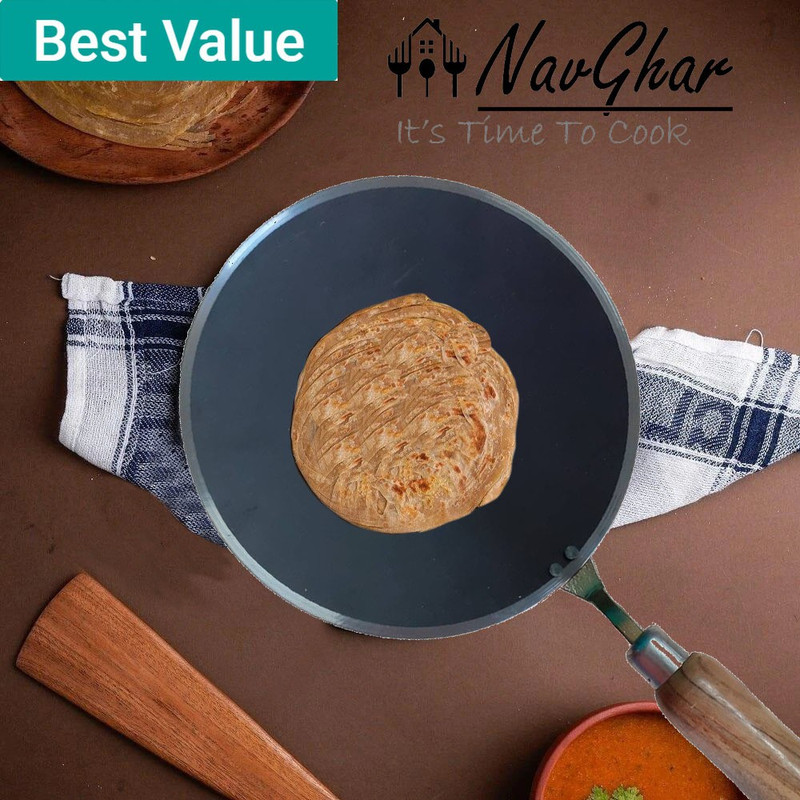 Navghar Traditioanl iron 2mm tawa with wooden handle for roti/chapati/paratha etc. Tawa 25.1 cm diameter(Iron)