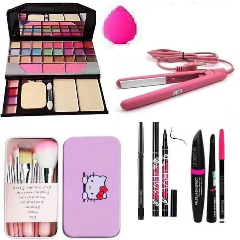 QEQEQ ALL IN ONE FACE MAKEUP COMBO: BRUSH, EYELINER , KAJAL , HAIR STRAIGHTENER , PUFF