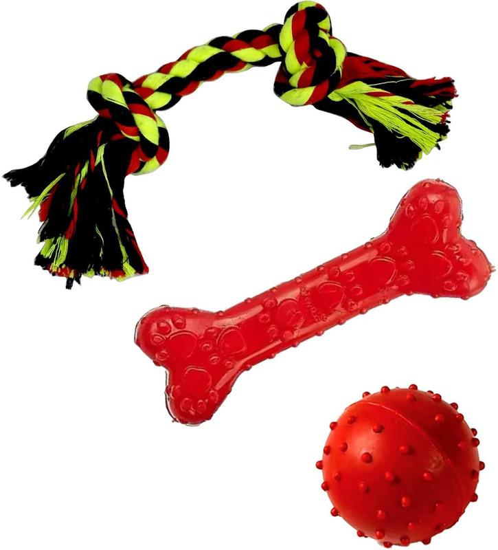 Jainsons Pet Products Rubber Bone Toy, Pimple Ball and 2 Knot Rope Toy for Dog and Puppies (Pack of 3) Rubber, Cotton Chew Toy, Rubber Toy For Dog