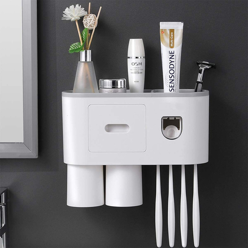 Antokin Automatic Toothpaste Dispenser Set. Suspension Rack with Storage Drawer Plastic Toothbrush Holder(White, Wall Mount)