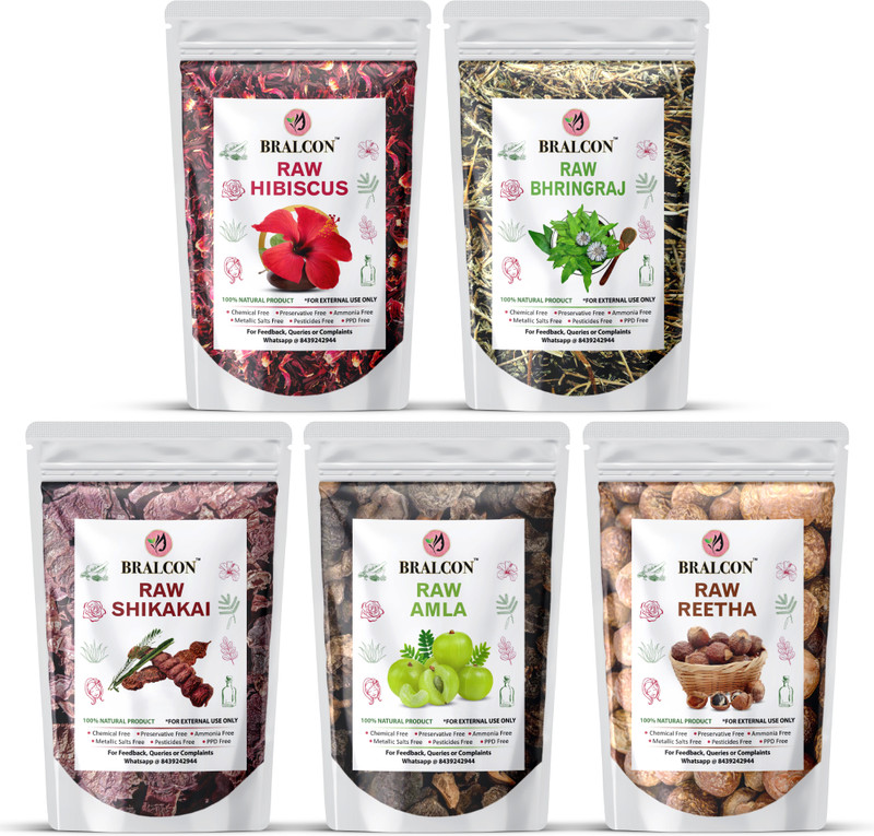 BRALCON Organic Raw Amla, Reetha, Shikakai, bhringraj, Hibiscus Combo-100g Each Pack |(500 g)