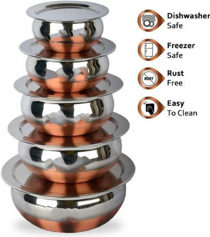 HM EVOTEK Stainless Steel Deep Vessel,Prabhu chatty Handi Cooking Pot For Kitchen withLid Handi 2 L, 1.5 L, 1 L, 0.75 L, 0.5 L with Lid(Stainless Steel, Copper, Induction Bottom)
