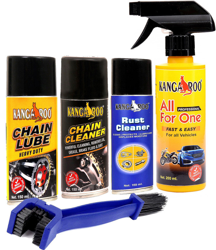 KANGAROO BIKE CARE KIT ( CHAIN LUBE AND CLEANER RUST REMOVER AND BIKE POLISH FULL CARE KIT 150 ML EACH LUBRICANT WITH CLEANING BRUSH AND 200 ML POLISH Chain Oil(650 ml, Pack of 5)
