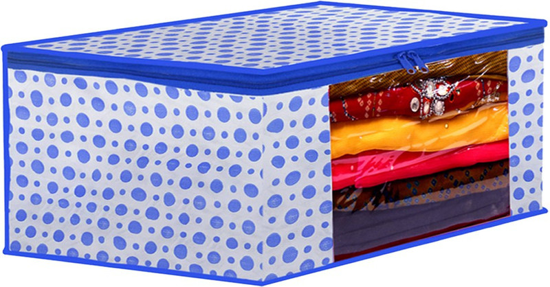 PRAHAN INTERNATIONAL Dot Printed Foldable, Non-Woven Saree Cover/Organizer With Transparent Window Cotton Laundry Bag(Blue)