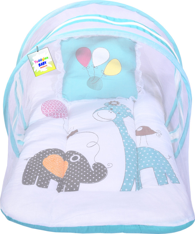 Toddylon New Born Baby Mosquito Net Bed With Cushioned Pillow Standard Crib(Fabric, Blue)