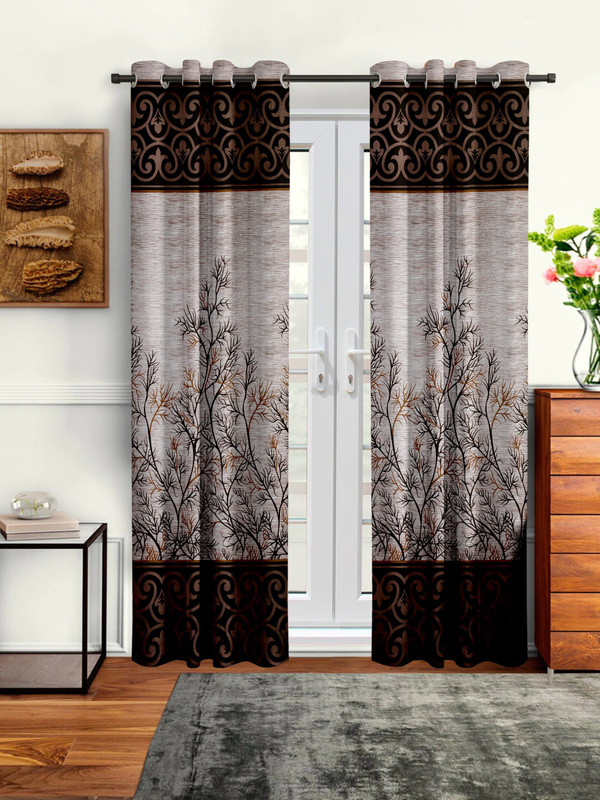 Cortina 210 cm (7 ft) Door Polyester Semi Transparent Curtain (Pack Of 2)(Brown, Floral)