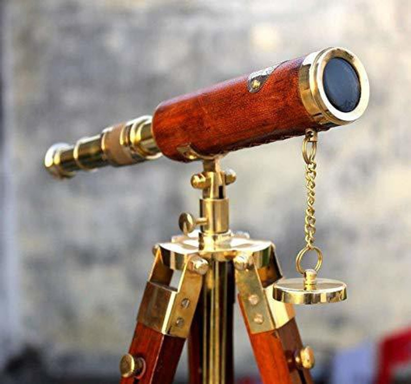 Sian Brass Handicraft SIAN Brass Leather Telescope Nautical with Stand Wooden Vintage Tripod (Golden) Catadioptric Telescope(Manual Tracking)