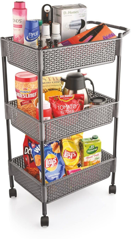 SKI Homeware Novel Trolley -Plastic Storage for Kitchen and Home (3 Compartment, Grey) Plastic Kitchen Trolley(DIY(Do-It-Yourself))