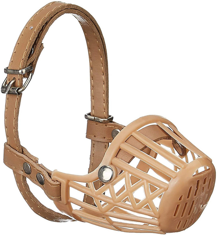 Woofy Adjustable Muzzle Cum Mouth Cover/Basket Cage Collar for Dog (Beige, Size-5), Small Medium Strips Dog Muzzle(Beige)