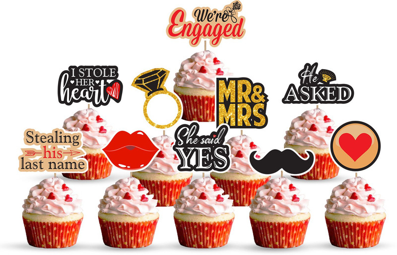 ZYOZI 10 Pcs Engagment Cup Cake Topper for Wedding Engagement Theme Party Decorations Cupcake Topper(Brown Pack of 10)