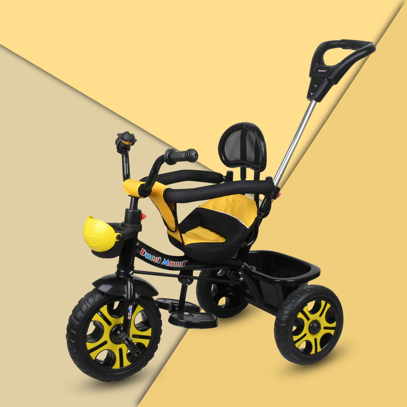 DUGGI MUGGI Parent Handle Tricycle With Soft Seat,Front-Back Basket,Safety Harness,Footrest KIDS BEST TRIKE FOR 1-4 YEARS BABY Tricycle(Yellow)