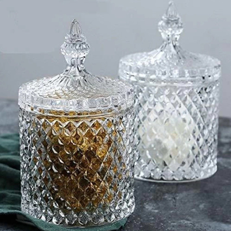 S1Store Glass Candy Bowl Candy Jars With Lid Decorative Stylish Crystal Glass (Clear, White, Pack of 2)(Pack of 2, Clear)