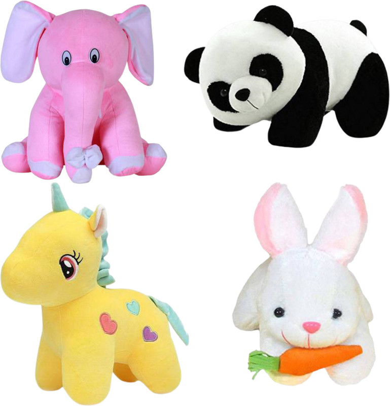 Toyhaven Combo of sitting elephant, unicorn , rabbit and panda/  - 25 cm(Black, Pink, White, Blue)