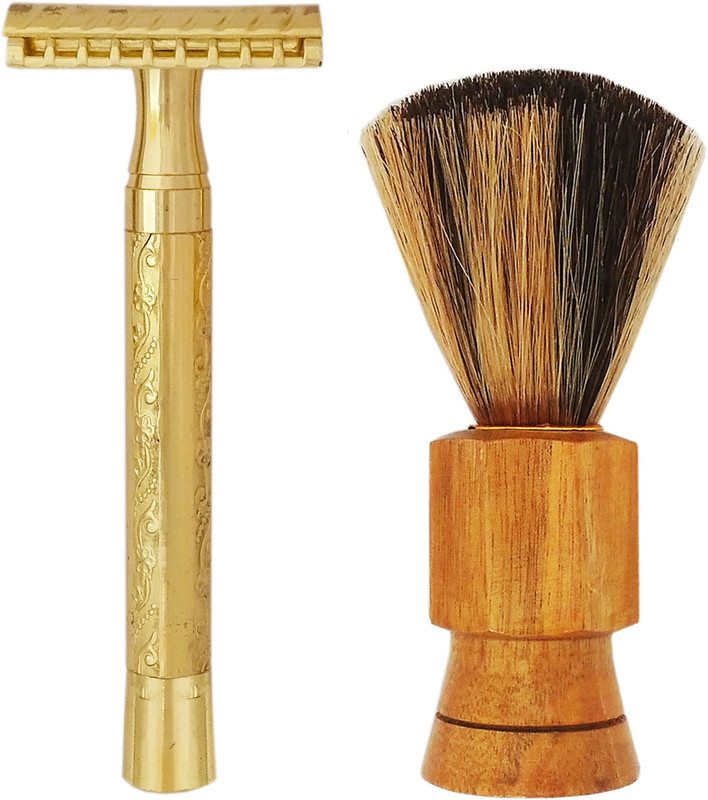 MGP FASHION Golden Safety Razor Cut Free, Wooden Handle Soft Bristle Shaving Brush Combo(2 Items in the set)