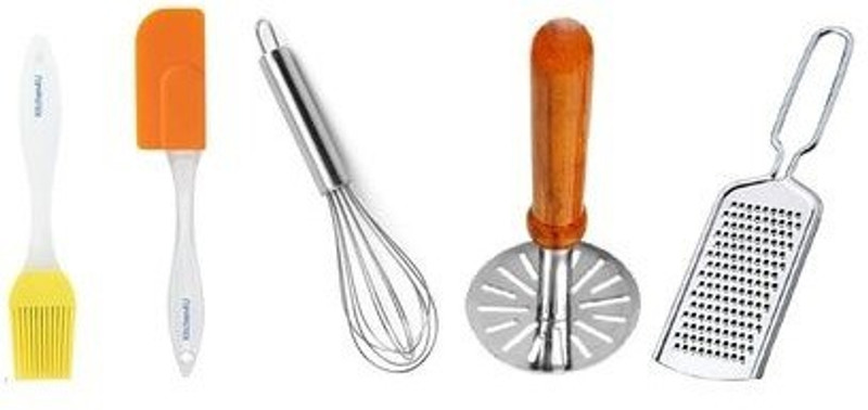 chapo combo grater, whisk, oil brush, spatula wooden masher Multicolor (pack of-5) Kitchen Tool Set(Brush, Spatula, Masher, Whisk, Grater)