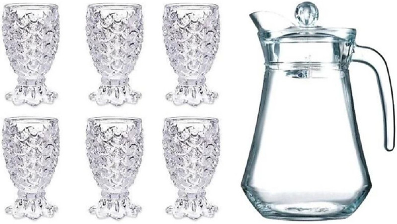 S1Store Italian Premium Water and Juice Glasses Set of 6 and Jug Set, (1 Water Juice Jug 1.3 Litter and 6 Pieces Glasses 280ML Combo), Transparent, Highball Water Glass and Jug Set for Dining Table Jug Glass Set(Glass)