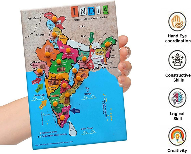 Poktum Wooden India Map educational puzzle India with State Capitals(Multicolor)