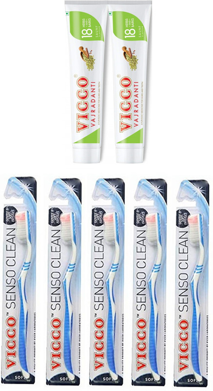 VICCO Vajradanti Tooth Paste Saunf Flavour (160 grm x 2pc) & Senso Clean Toothbrush (5Pc)(2 Items in the set)