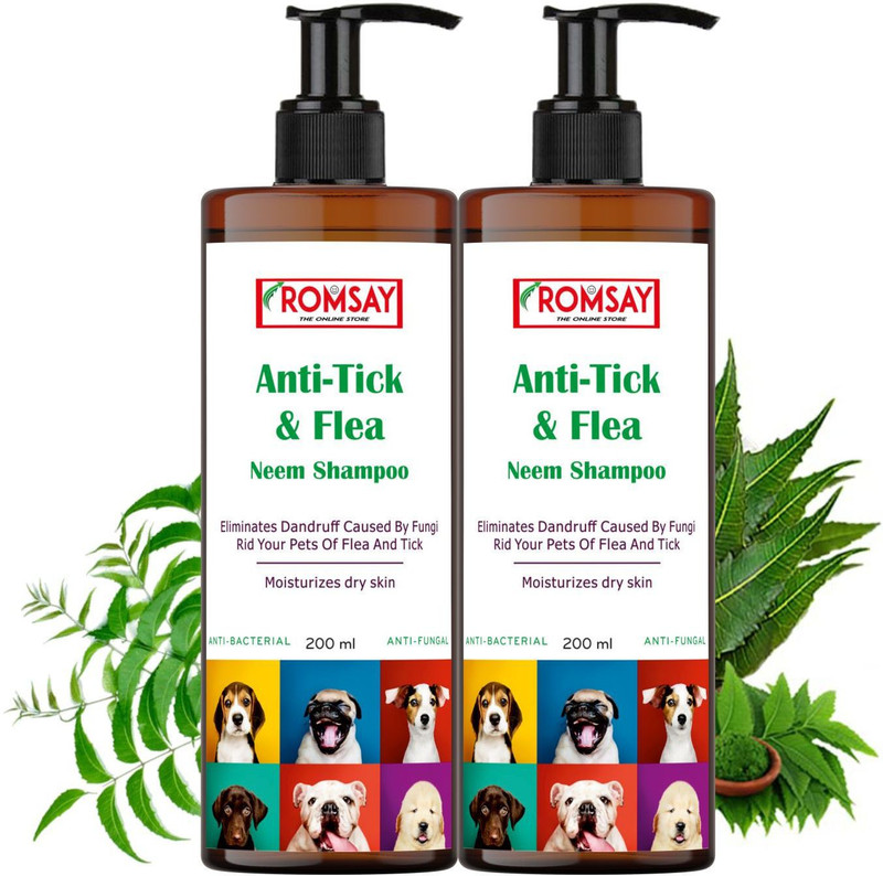 ROMSAY Anti-Tick & Flea Shampoo For Dogs & Cats 200ML Pack Of 2 Allergy Relief, Anti-dandruff, Anti-fungal, Anti-itching, Flea and Tick, Hypoallergenic Fresh Notes, Neem Dog Shampoo(400 ml)