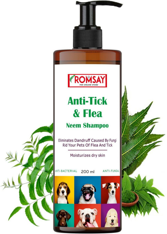 ROMSAY Anti-Tick & Flea Shampoo For Dogs & Cats 200ML Pack Of 2 Allergy Relief, Anti-dandruff, Anti-fungal, Anti-itching, Flea and Tick, Hypoallergenic Fresh Notes, Neem Dog Shampoo(400 ml)