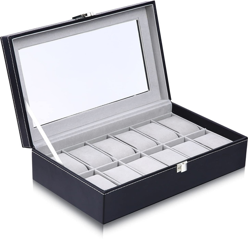 Modinity Ohuhu 12 Slot Watch Case PU Leather Real Glass Lid Watch Display Case Watch Box(Black, Holds 10 Watches)