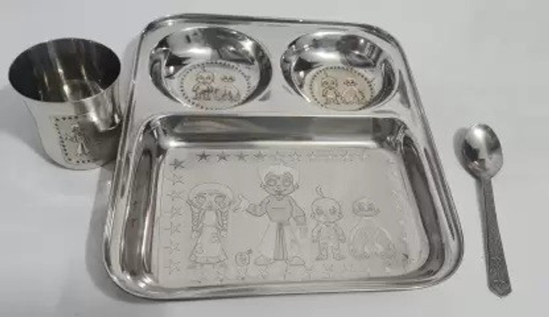 FINGERTIP Pack of 2 Stainless Steel CHHOTA BHEEM PLATE 1-4 YEARS Kid Dinner Set (Steel) Dinner Set(Silver)