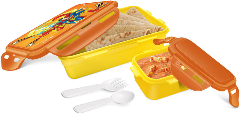 MILTON Mini Fun Treat Super Hero Plastic Tiffin Box for Kids, Light Yellow 2 Containers Plastic Office Lunch Box(775 ml)