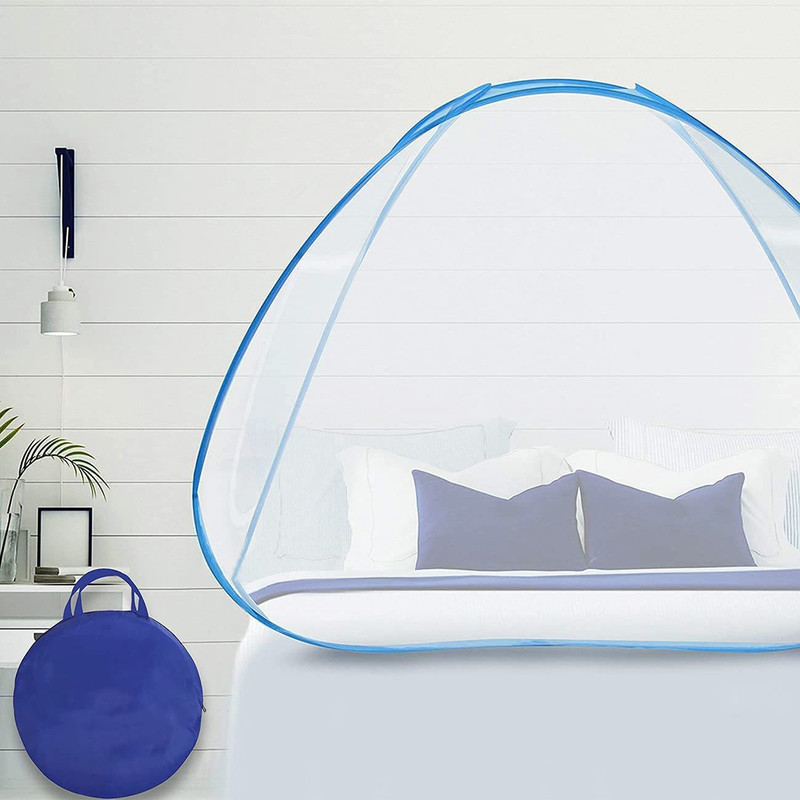 Lifekrafts Pop-Up Foldable Queen size Bed Mosquito Net with FREE portable bag Polyester Washable Kids Mosquito Net(White & Blue (200x170x140), Tent)