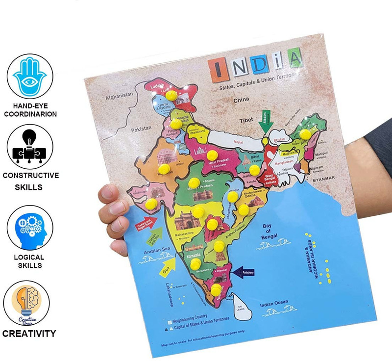 Poktum India Map Wooden Puzzle Learning Educational Board States(Multicolor)