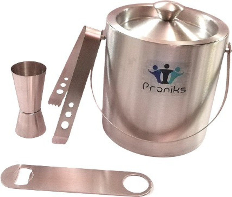 PRONIKS 1.5 L Steel Bar Accessories Ice Bucket with Ice Tong and Peg Measure for Mini Bar and Home Ice Bucket(Silver)